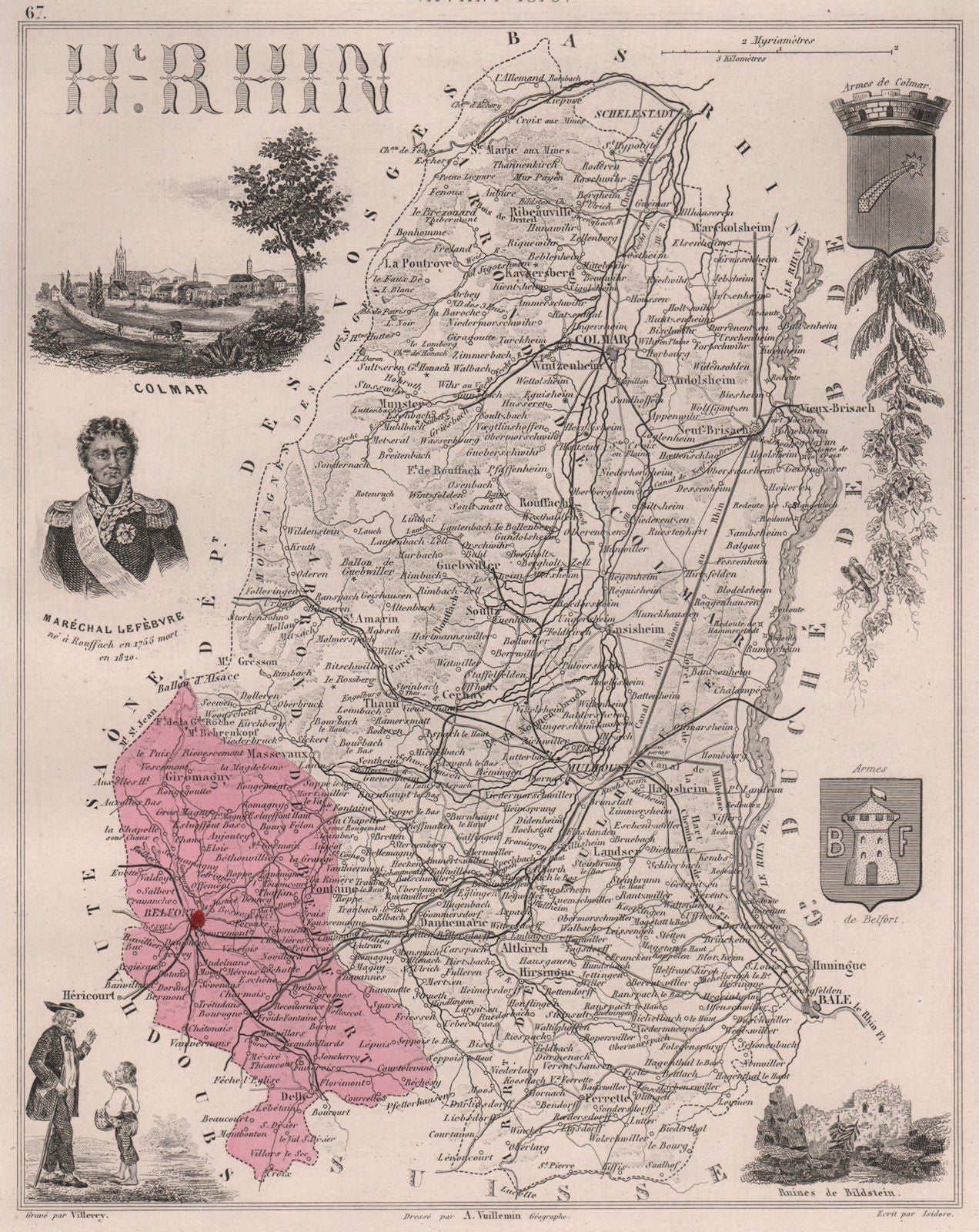 HAUT-RHIN après/after 1870. Département. Colmar. Lefèbvre. VUILLEMIN 1879 map